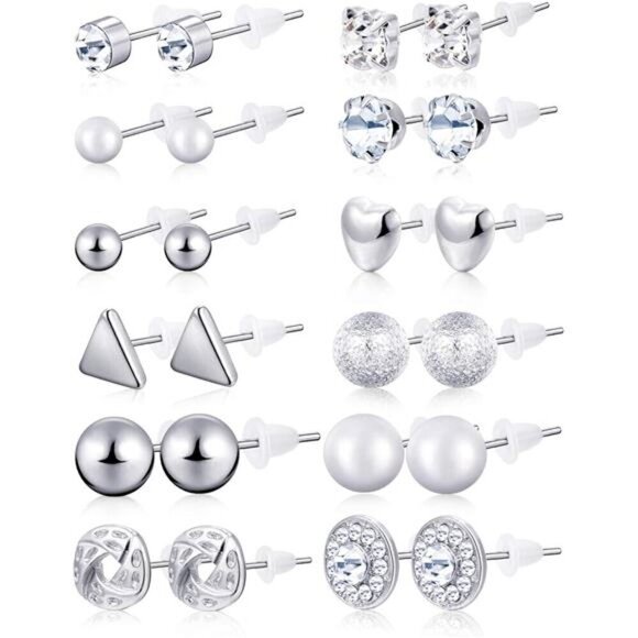 24 Pairs Stud Earrings Crystal Pearl Earring Set Ear Stud Silver Studs - Picture 1 of 7
